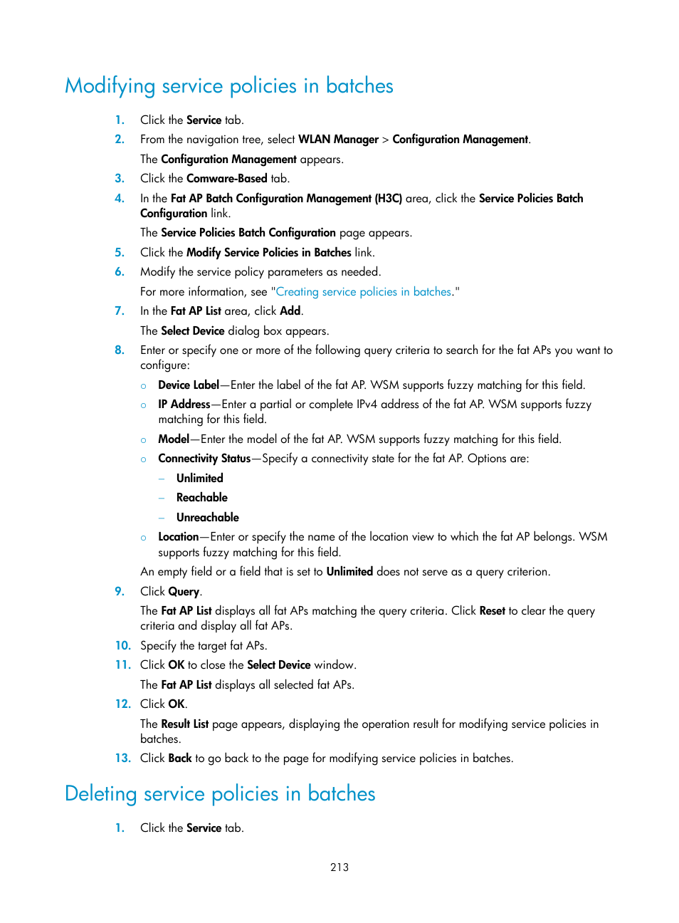 Modifying service policies in batches, Deleting service policies in batches | H3C Technologies H3C Intelligent Management Center User Manual | Page 235 / 751