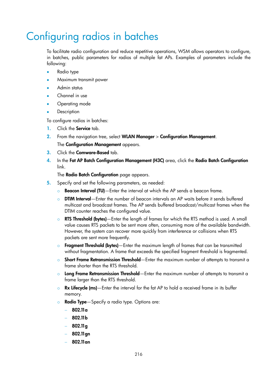 Configuring radios in batches, Ation, see | H3C Technologies H3C Intelligent Management Center User Manual | Page 238 / 751