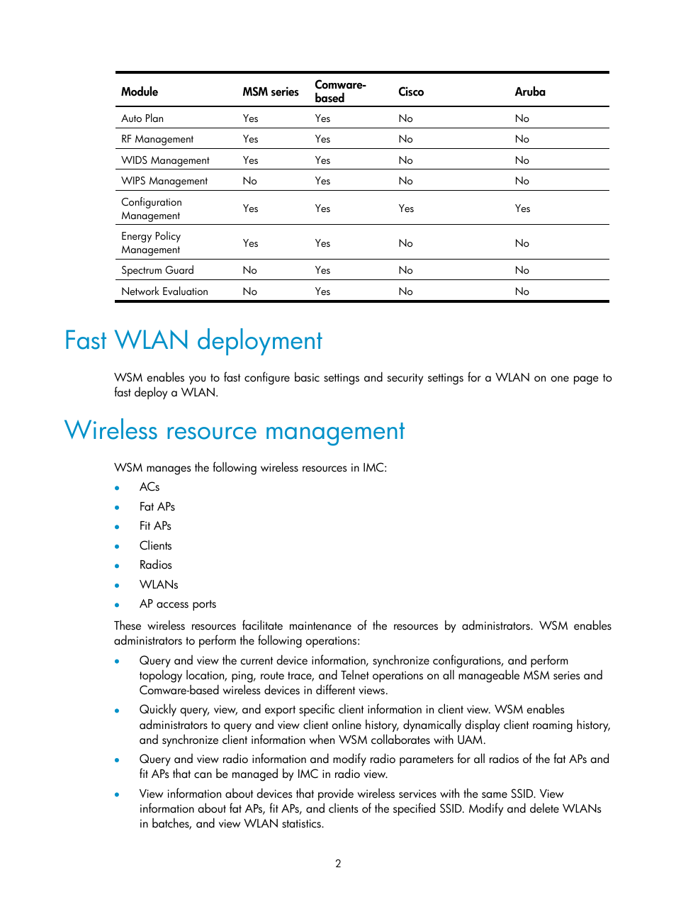 Fast wlan deployment, Wireless resource management | H3C Technologies H3C Intelligent Management Center User Manual | Page 24 / 751