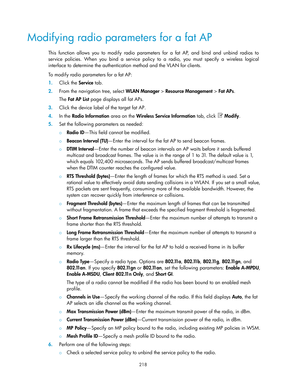 Modifying radio parameters for a fat ap | H3C Technologies H3C Intelligent Management Center User Manual | Page 240 / 751