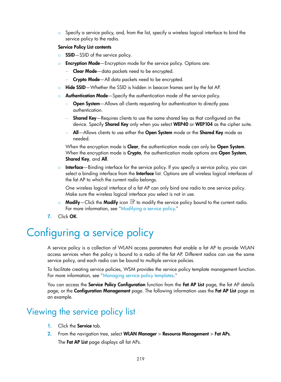 Configuring a service policy, Viewing the service policy list | H3C Technologies H3C Intelligent Management Center User Manual | Page 241 / 751