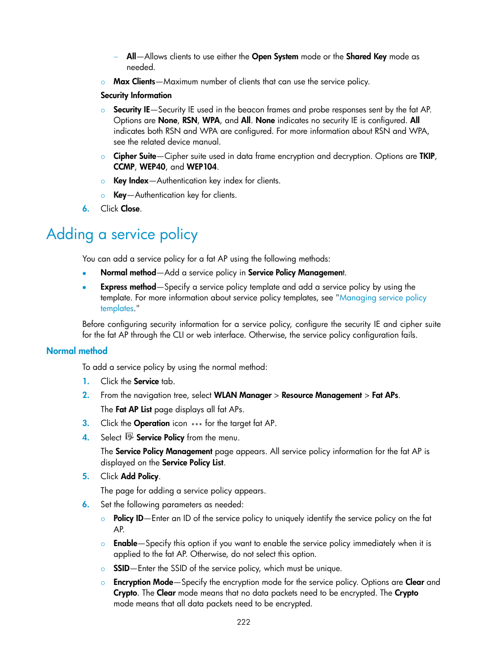 Adding a service policy, Normal method | H3C Technologies H3C Intelligent Management Center User Manual | Page 244 / 751