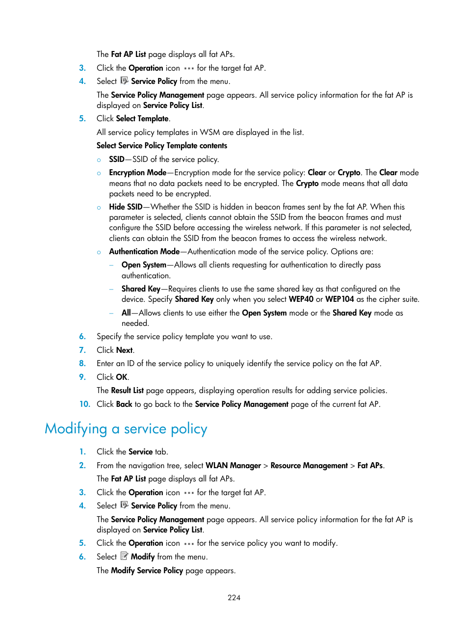 Modifying a service policy | H3C Technologies H3C Intelligent Management Center User Manual | Page 246 / 751