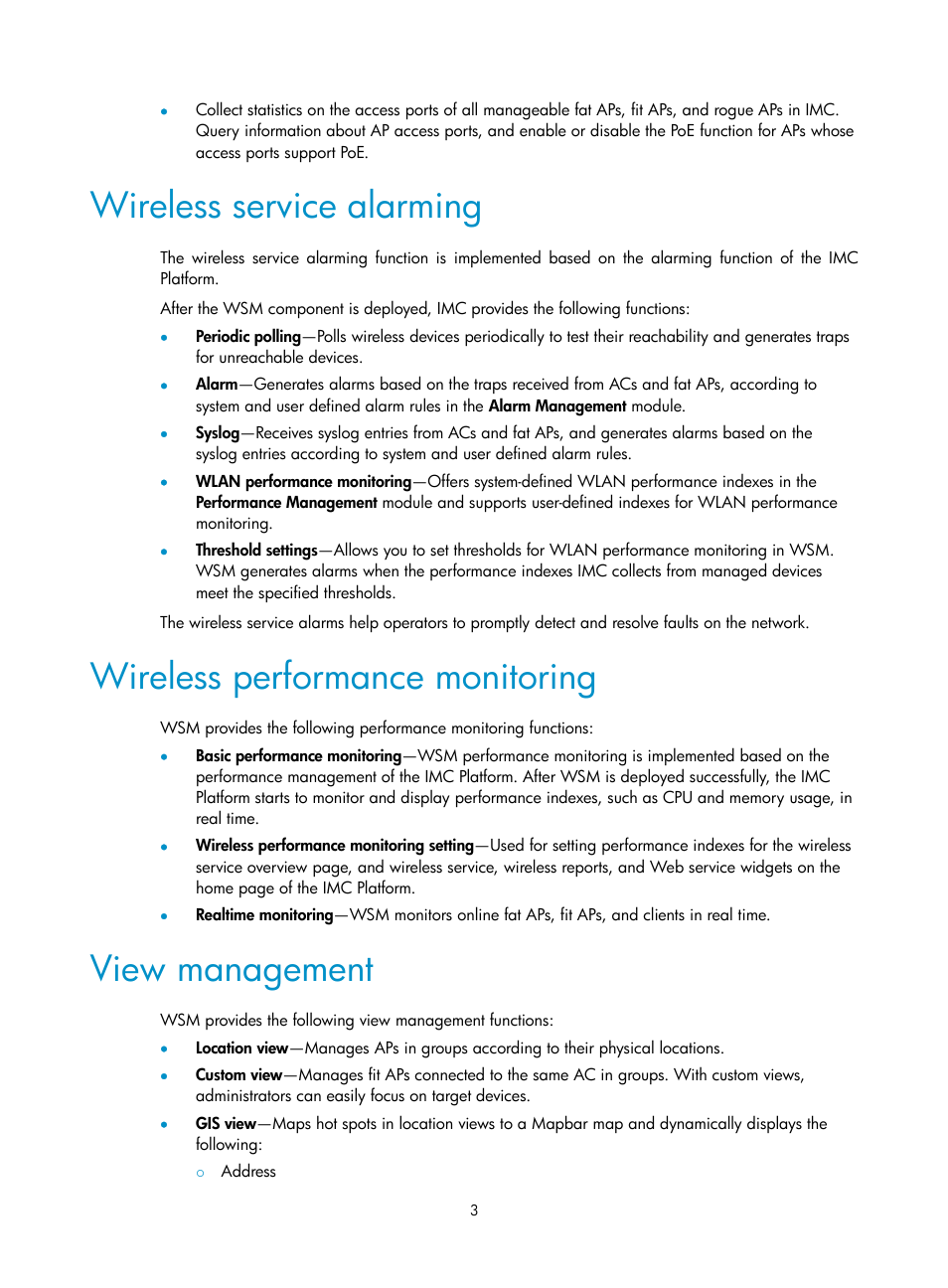 Wireless service alarming, Wireless performance monitoring, View management | H3C Technologies H3C Intelligent Management Center User Manual | Page 25 / 751