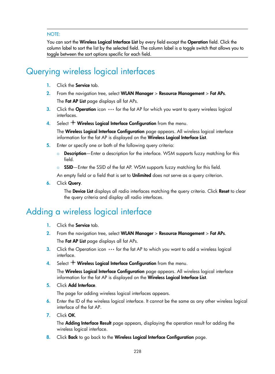 Querying wireless logical interfaces, Adding a wireless logical interface | H3C Technologies H3C Intelligent Management Center User Manual | Page 250 / 751