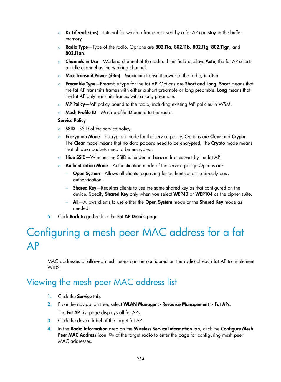 Configuring a mesh peer mac address for a fat ap, Viewing the mesh peer mac address list, Configuring a mesh peer mac | Address for a fat ap | H3C Technologies H3C Intelligent Management Center User Manual | Page 256 / 751