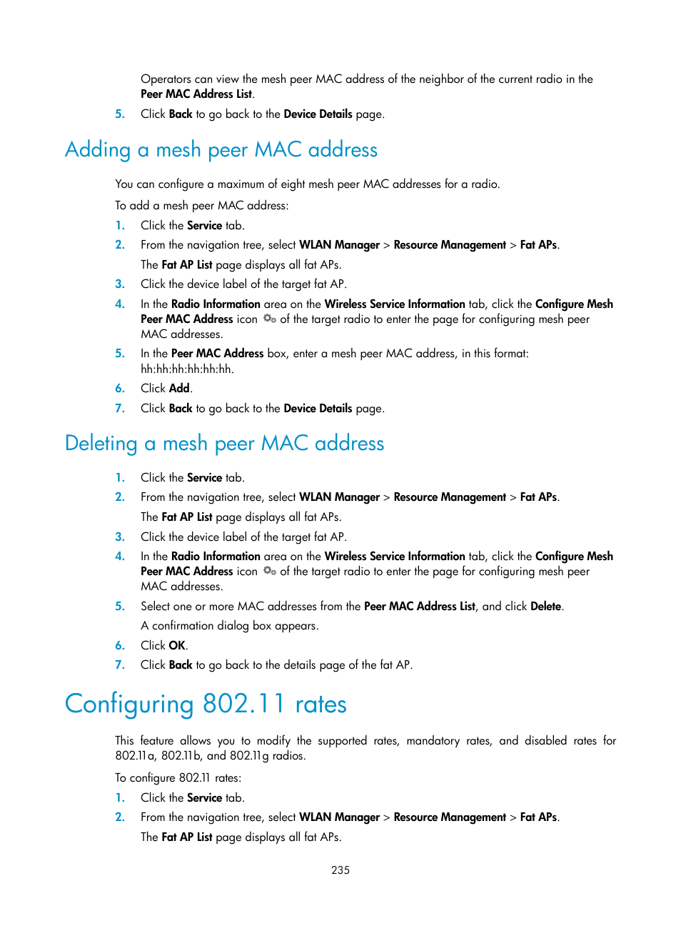 Adding a mesh peer mac address, Deleting a mesh peer mac address, Configuring 802.11 rates | H3C Technologies H3C Intelligent Management Center User Manual | Page 257 / 751