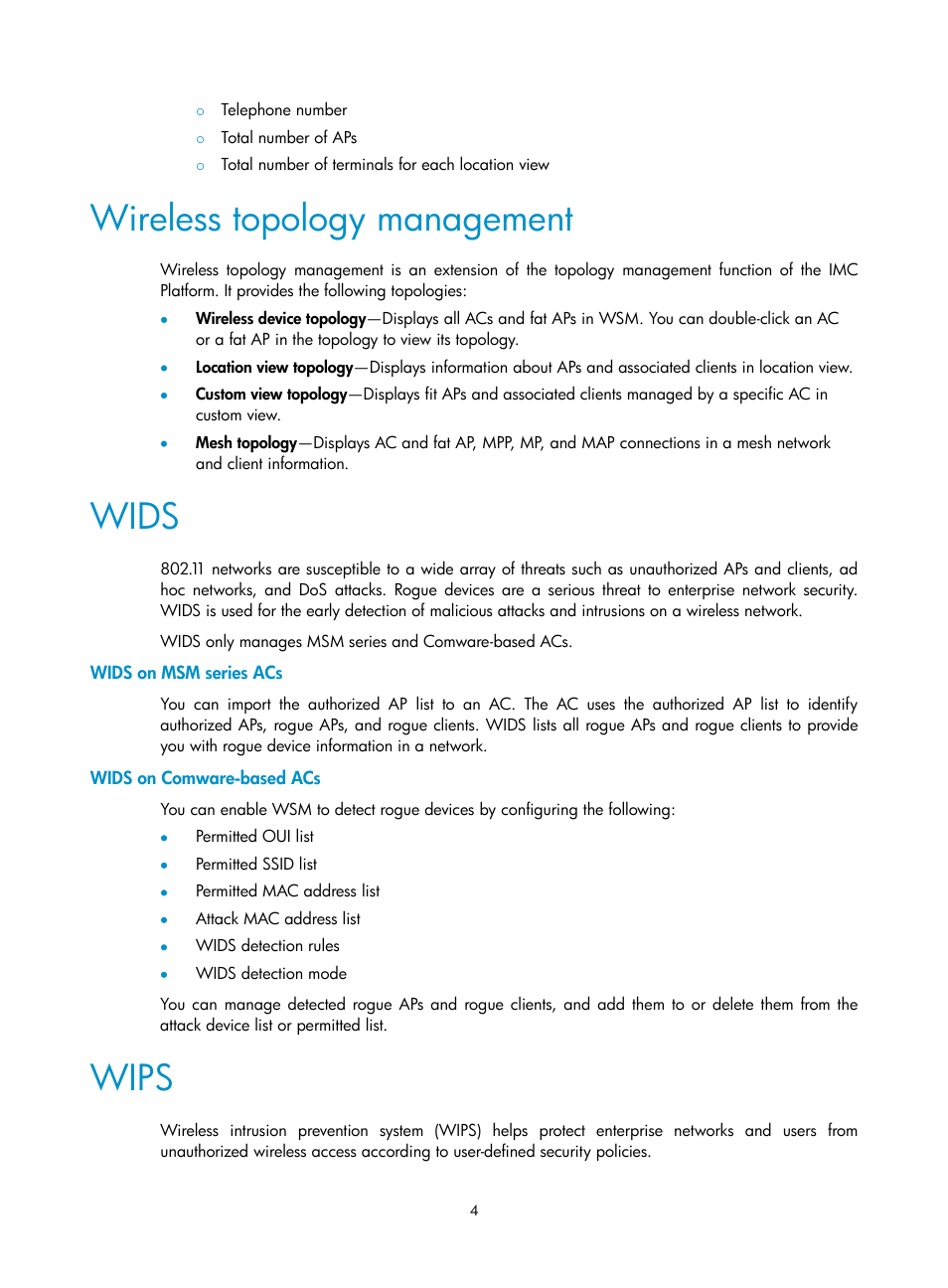 Wireless topology management, Wids, Wids on msm series acs | Wids on comware-based acs, Wips | H3C Technologies H3C Intelligent Management Center User Manual | Page 26 / 751