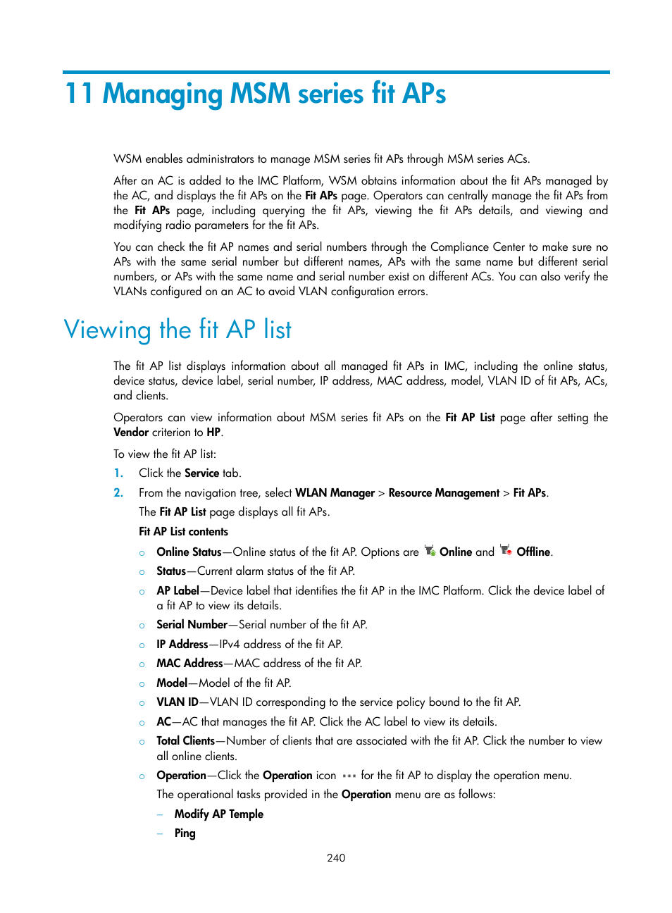 11 managing msm series fit aps, Viewing the fit ap list | H3C Technologies H3C Intelligent Management Center User Manual | Page 262 / 751