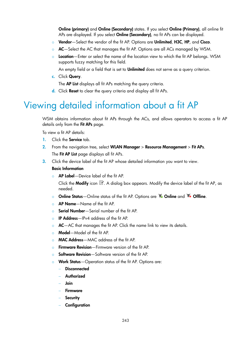 Viewing detailed information about a fit ap | H3C Technologies H3C Intelligent Management Center User Manual | Page 265 / 751