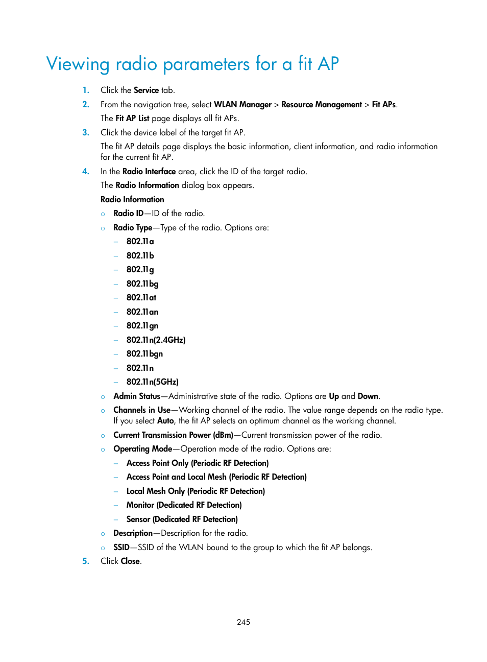 Viewing radio parameters for a fit ap | H3C Technologies H3C Intelligent Management Center User Manual | Page 267 / 751