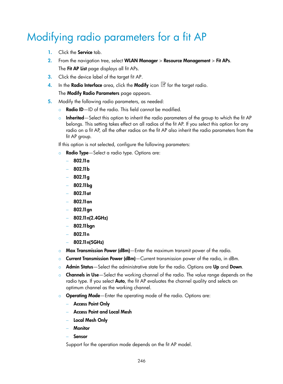 Modifying radio parameters for a fit ap | H3C Technologies H3C Intelligent Management Center User Manual | Page 268 / 751