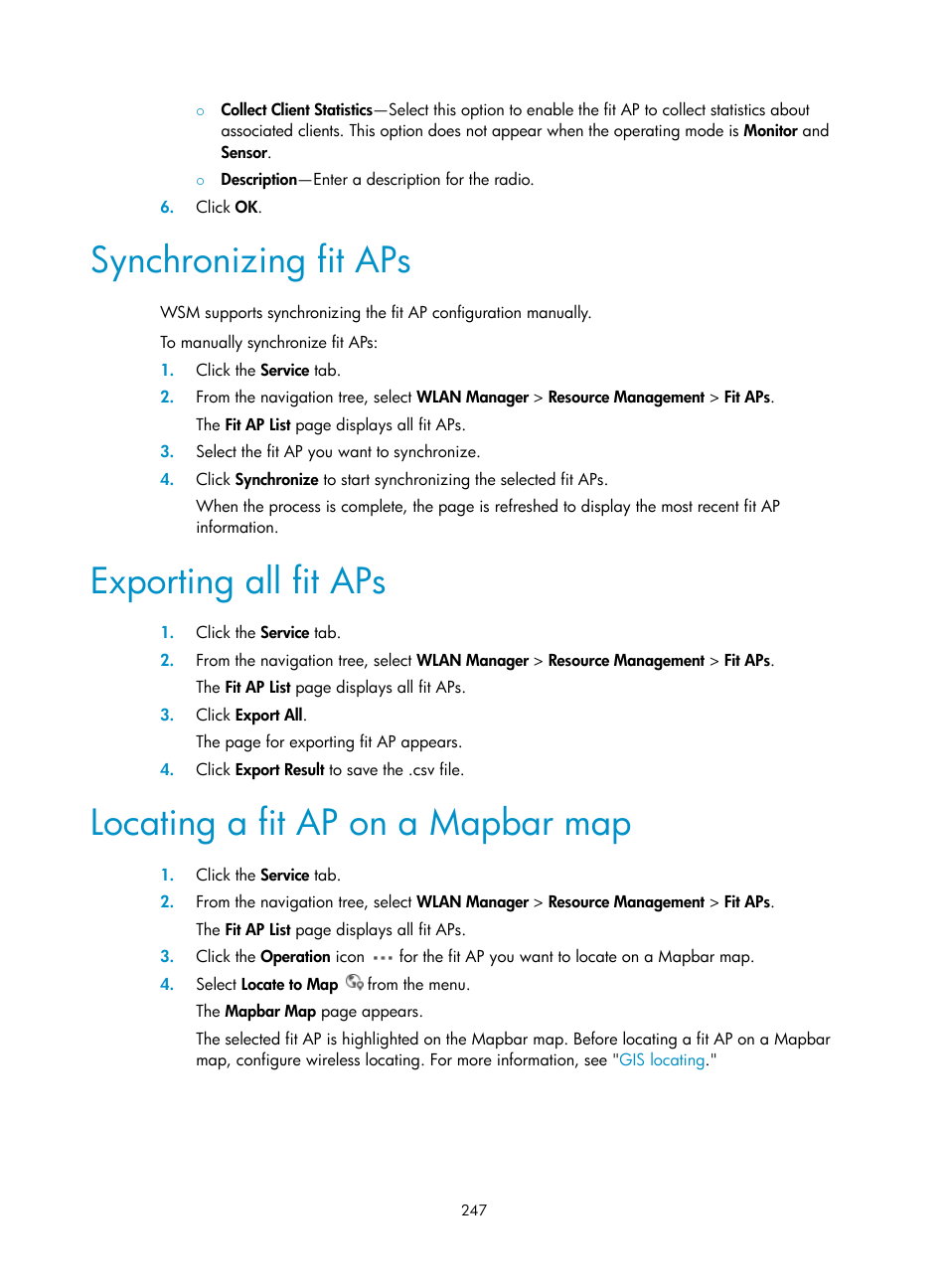 Synchronizing fit aps, Exporting all fit aps, Locating a fit ap on a mapbar map | H3C Technologies H3C Intelligent Management Center User Manual | Page 269 / 751
