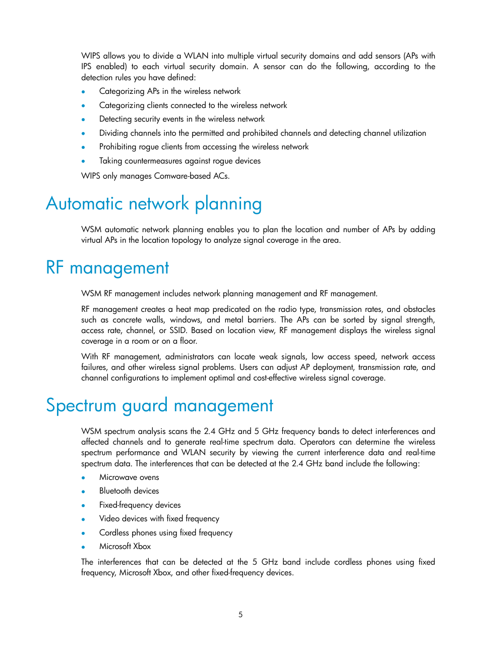 Automatic network planning, Rf management, Spectrum guard management | H3C Technologies H3C Intelligent Management Center User Manual | Page 27 / 751