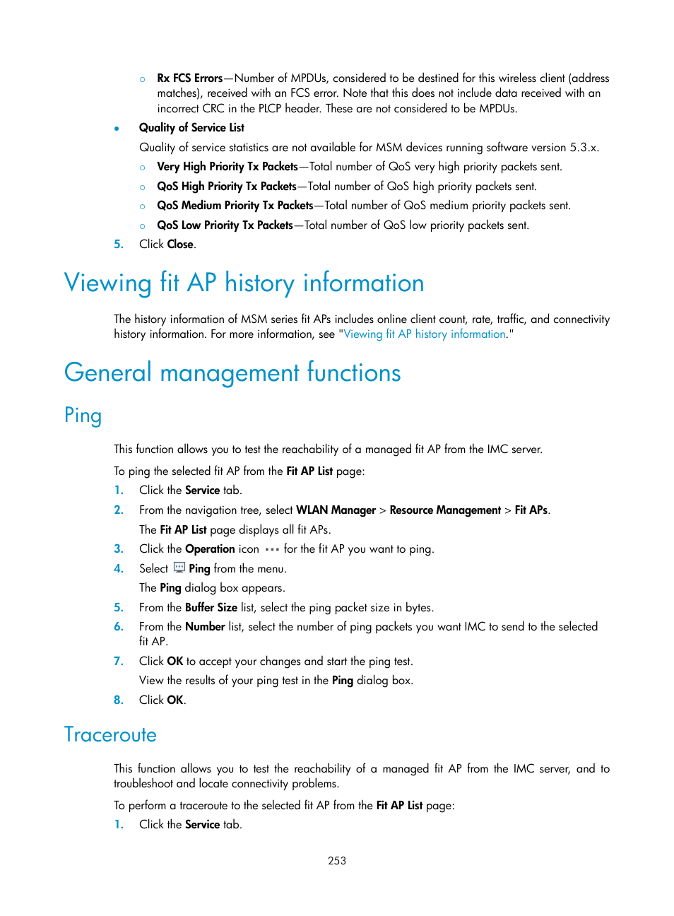 Viewing fit ap history information, General management functions, Ping | Traceroute | H3C Technologies H3C Intelligent Management Center User Manual | Page 275 / 751