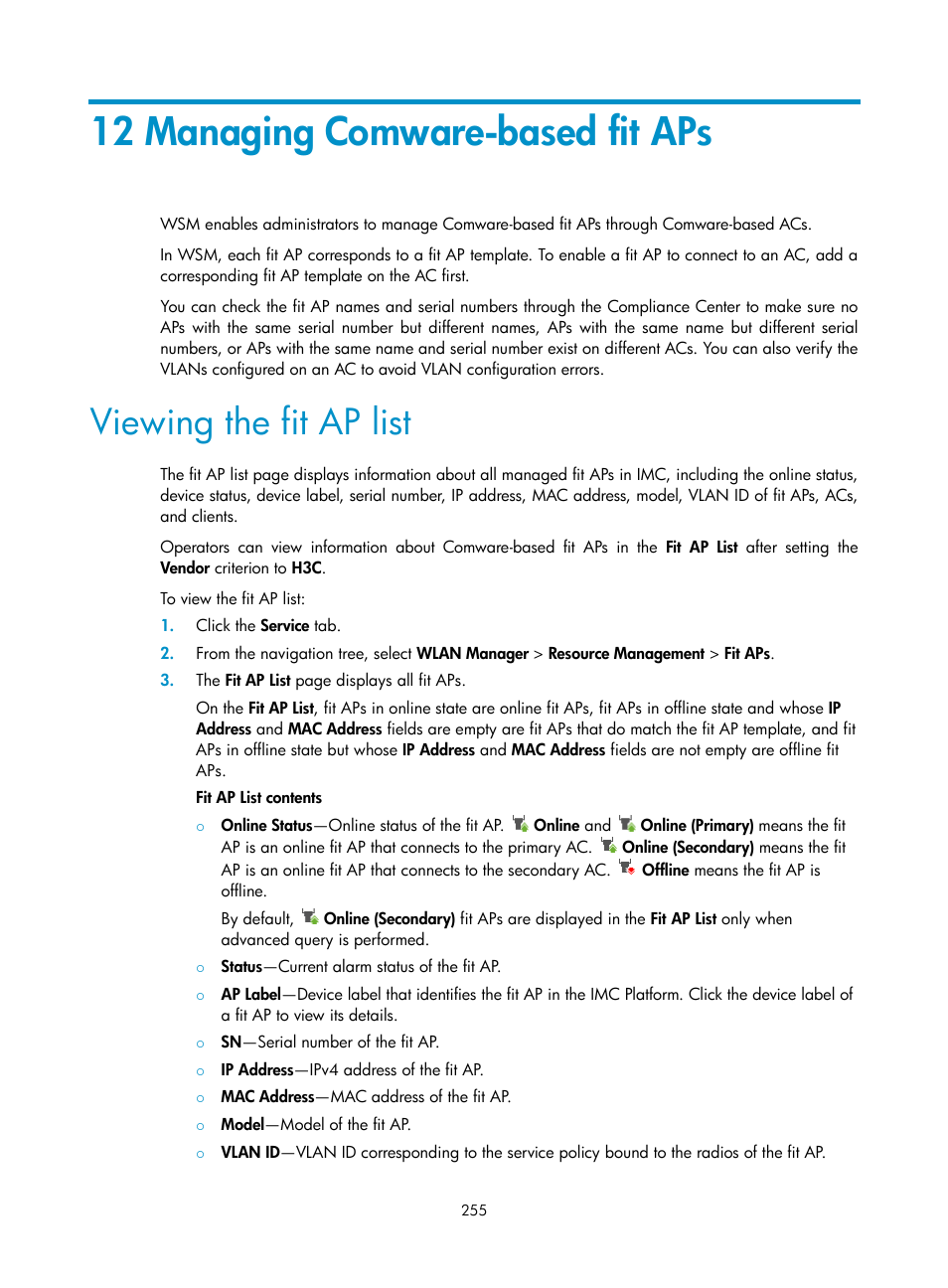 12 managing comware-based fit aps, Viewing the fit ap list | H3C Technologies H3C Intelligent Management Center User Manual | Page 277 / 751