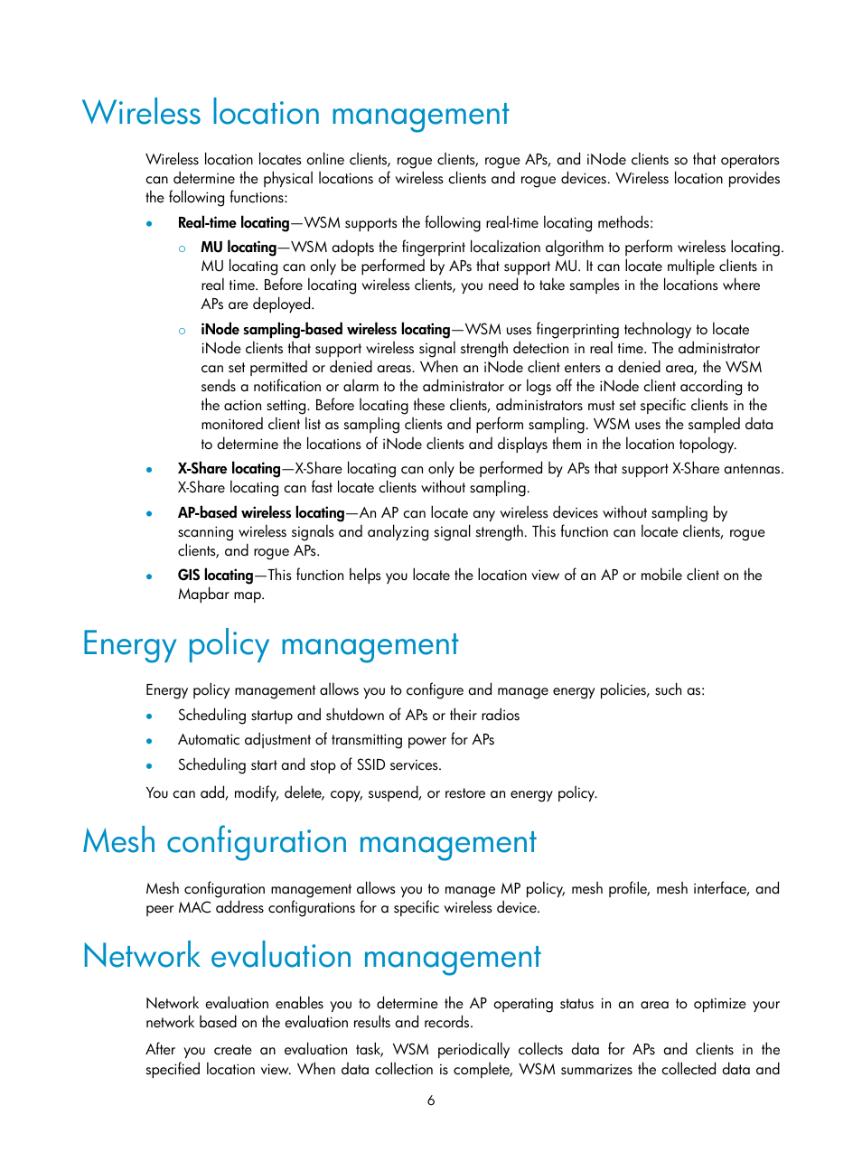 Wireless location management, Energy policy management, Mesh configuration management | Network evaluation management | H3C Technologies H3C Intelligent Management Center User Manual | Page 28 / 751