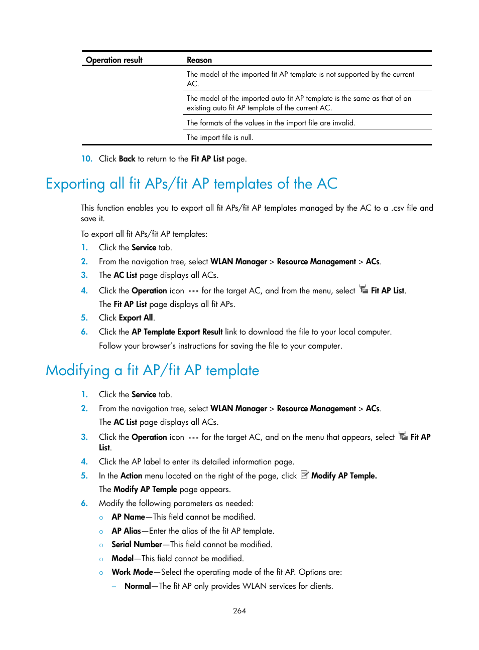 Exporting all fit aps/fit ap templates of the ac, Modifying a fit ap/fit ap template | H3C Technologies H3C Intelligent Management Center User Manual | Page 286 / 751