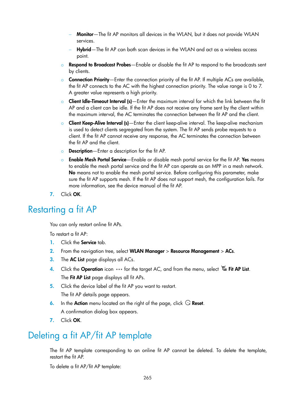 Restarting a fit ap, Deleting a fit ap/fit ap template | H3C Technologies H3C Intelligent Management Center User Manual | Page 287 / 751