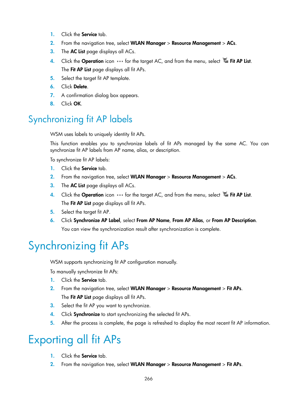 Synchronizing fit ap labels, Synchronizing fit aps, Exporting all fit aps | H3C Technologies H3C Intelligent Management Center User Manual | Page 288 / 751
