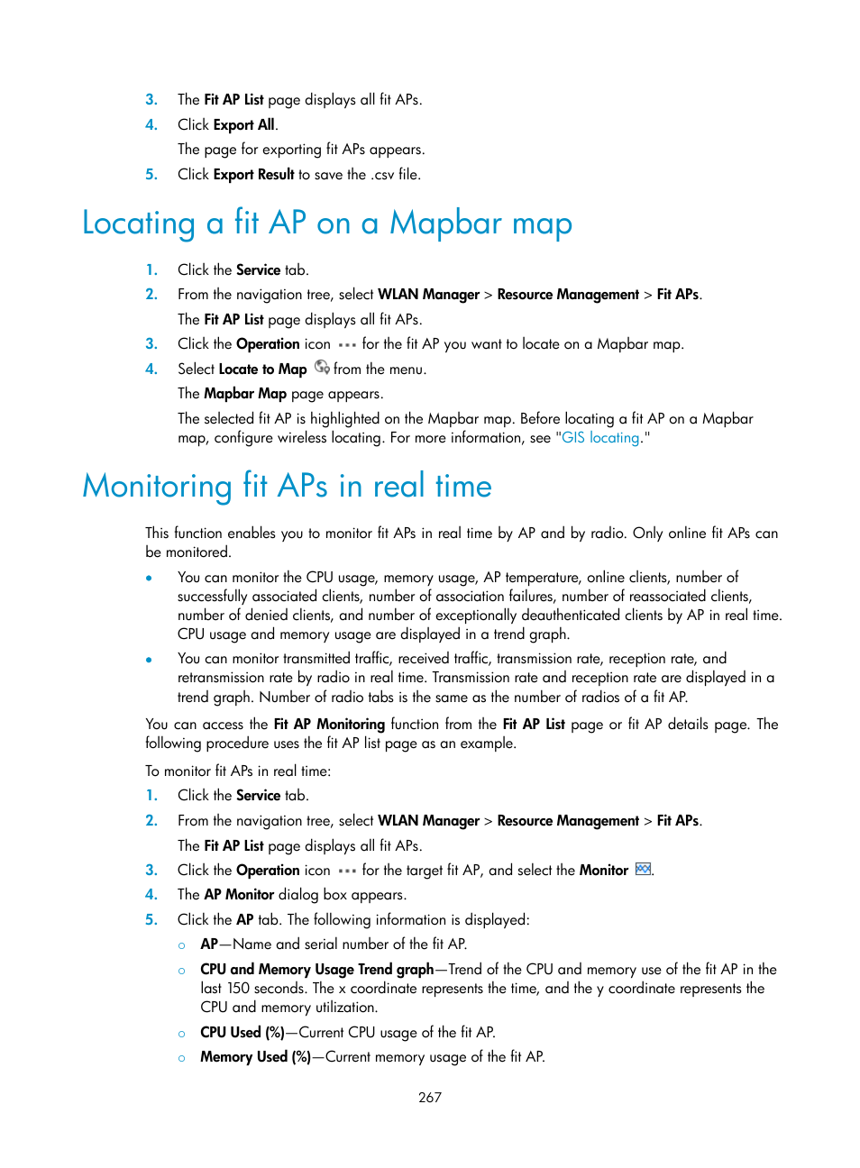 Locating a fit ap on a mapbar map, Monitoring fit aps in real time | H3C Technologies H3C Intelligent Management Center User Manual | Page 289 / 751