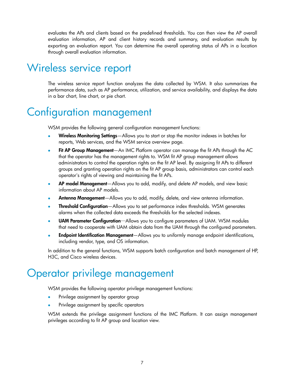 Wireless service report, Configuration management, Operator privilege management | H3C Technologies H3C Intelligent Management Center User Manual | Page 29 / 751