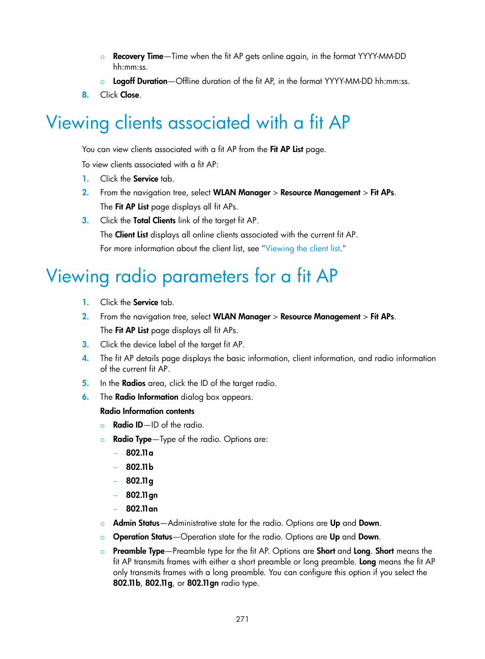 Viewing clients associated with a fit ap, Viewing radio parameters for a fit ap | H3C Technologies H3C Intelligent Management Center User Manual | Page 293 / 751