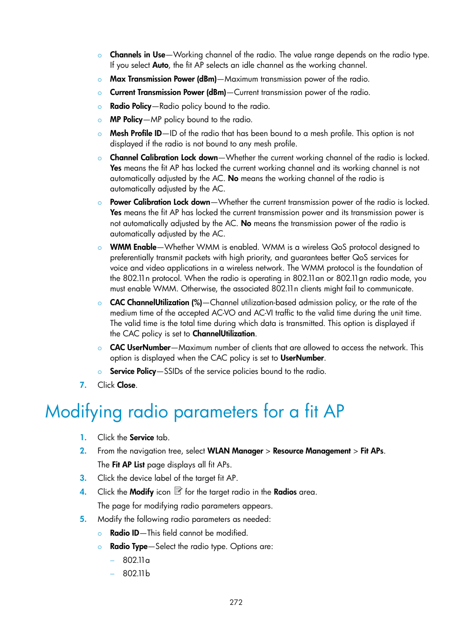 Modifying radio parameters for a fit ap | H3C Technologies H3C Intelligent Management Center User Manual | Page 294 / 751