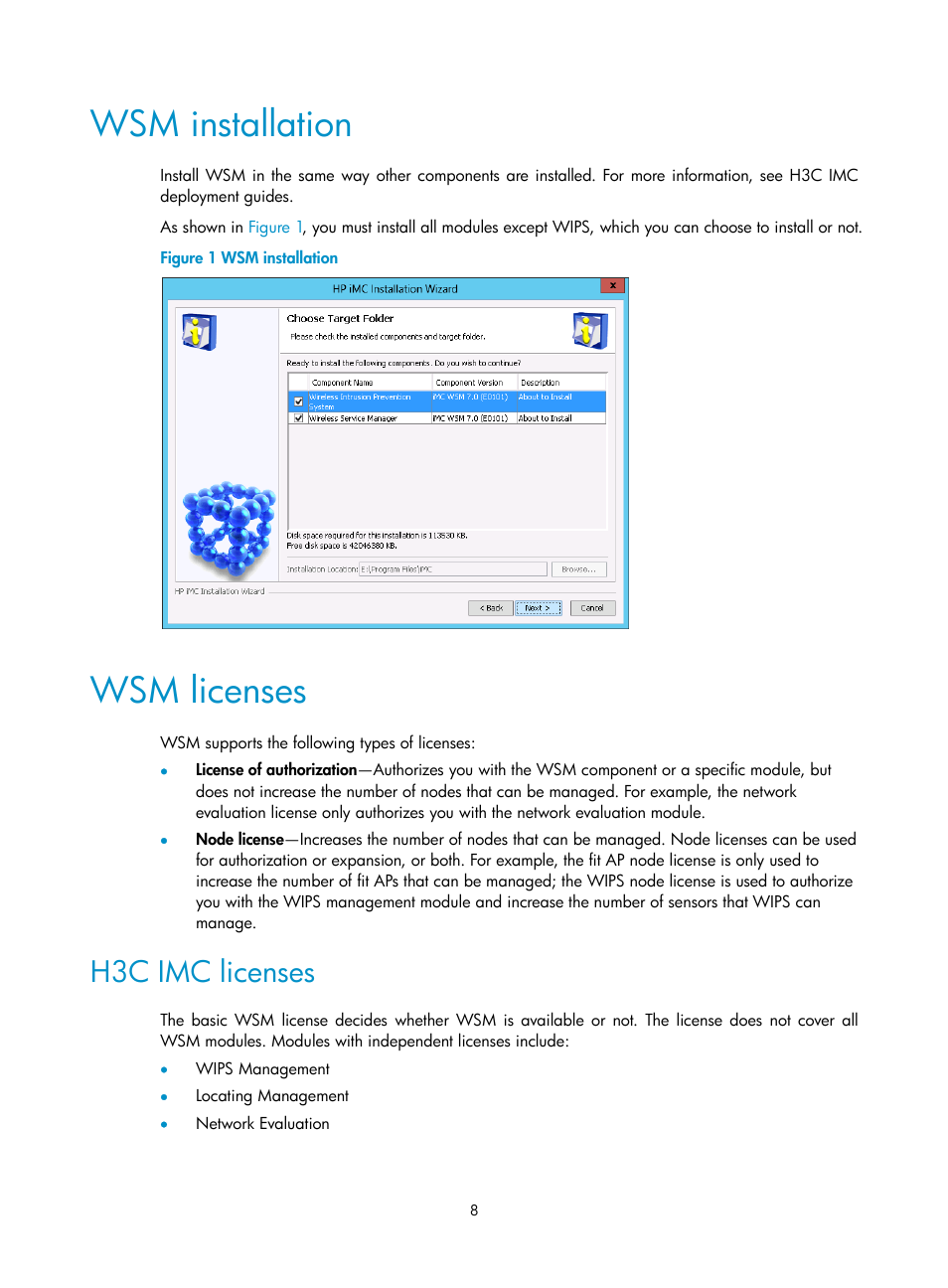 Wsm installation, Wsm licenses, H3c imc licenses | H3C Technologies H3C Intelligent Management Center User Manual | Page 30 / 751