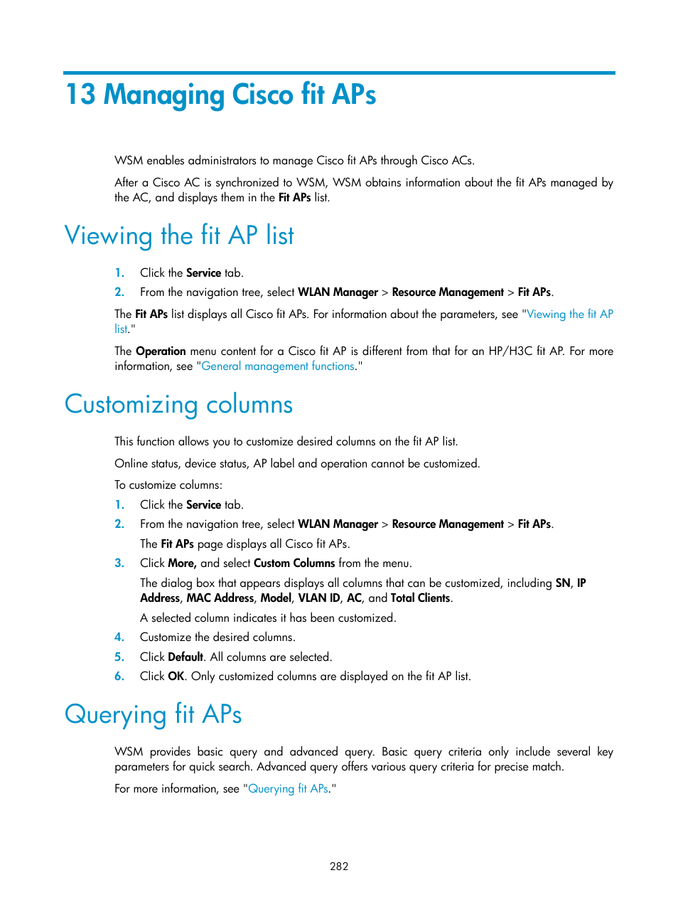 13 managing cisco fit aps, Viewing the fit ap list, Customizing columns | Querying fit aps | H3C Technologies H3C Intelligent Management Center User Manual | Page 304 / 751