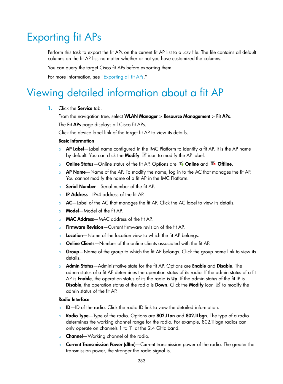 Exporting fit aps, Viewing detailed information about a fit ap | H3C Technologies H3C Intelligent Management Center User Manual | Page 305 / 751