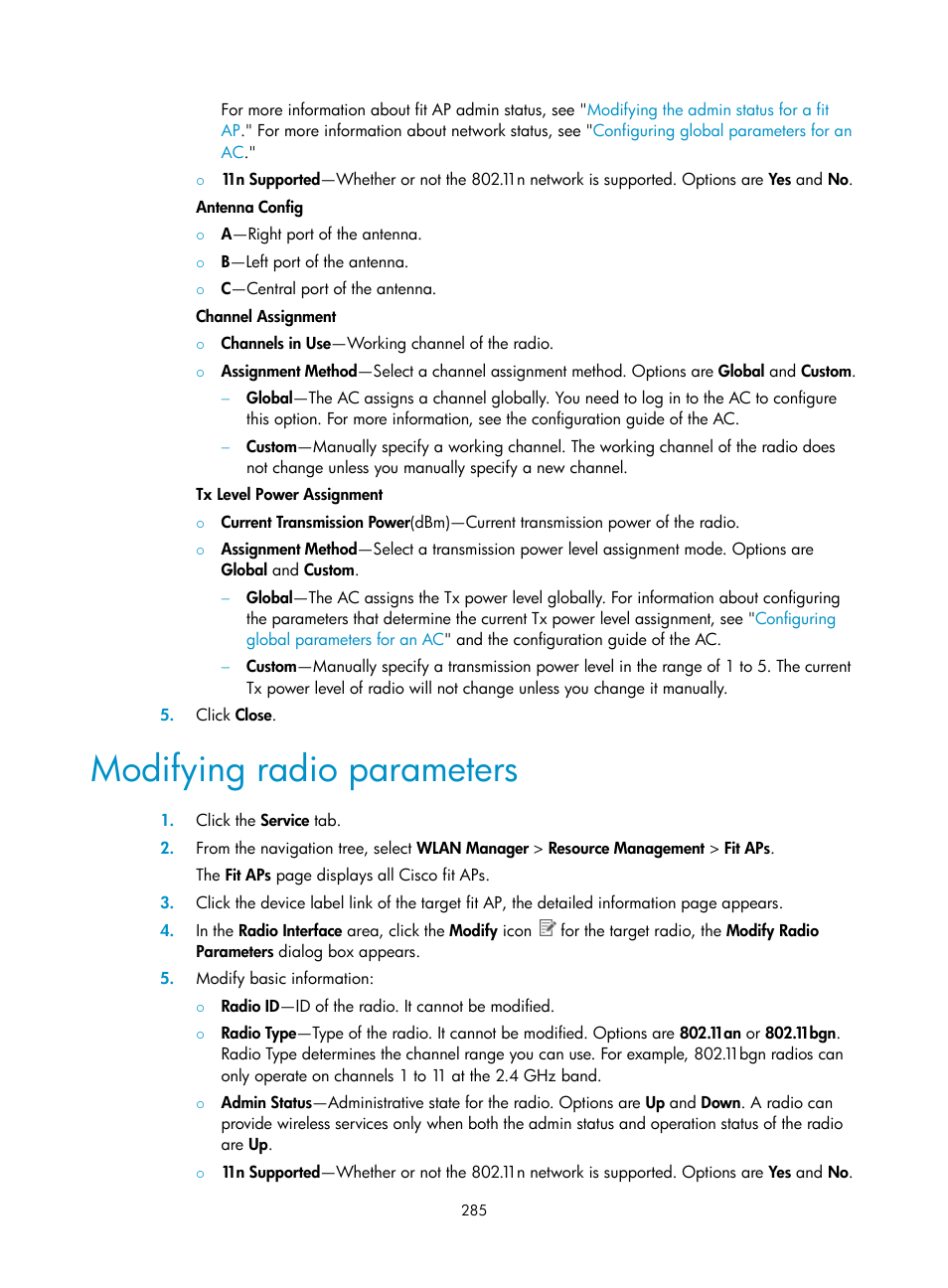 Modifying radio parameters | H3C Technologies H3C Intelligent Management Center User Manual | Page 307 / 751