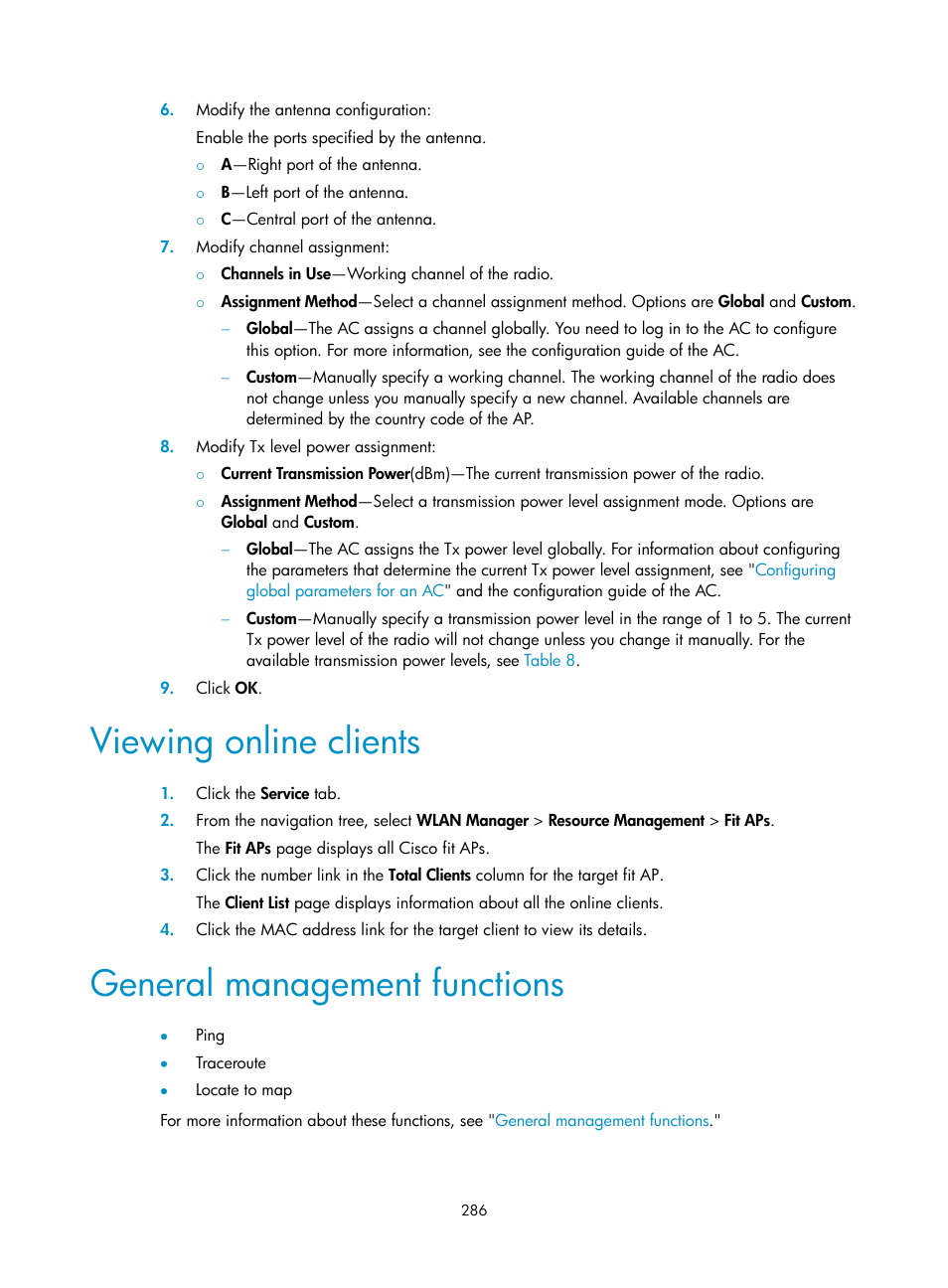 Viewing online clients, General management functions | H3C Technologies H3C Intelligent Management Center User Manual | Page 308 / 751