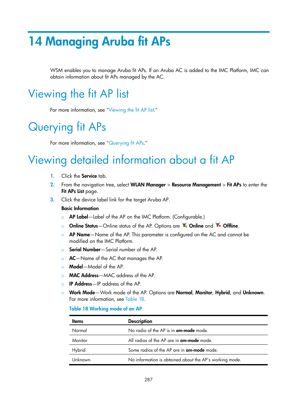 14 managing aruba fit aps, Viewing the fit ap list, Querying fit aps | Viewing detailed information about a fit ap | H3C Technologies H3C Intelligent Management Center User Manual | Page 309 / 751