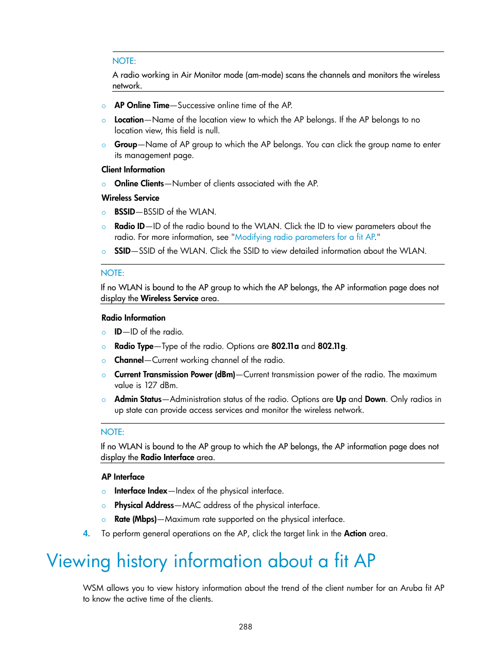 Viewing history information about a fit ap | H3C Technologies H3C Intelligent Management Center User Manual | Page 310 / 751