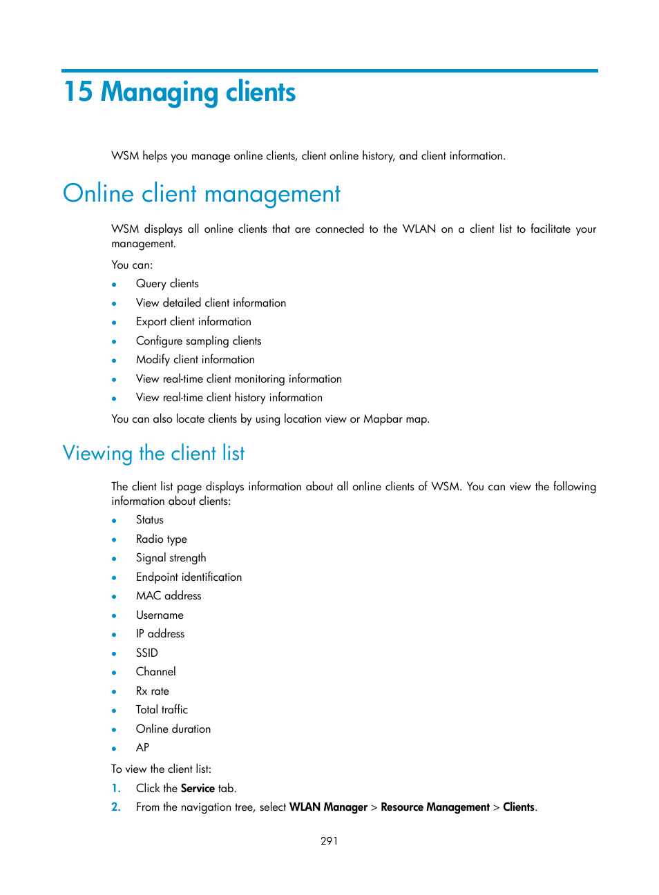 15 managing clients, Online client management, Viewing the client list | H3C Technologies H3C Intelligent Management Center User Manual | Page 313 / 751