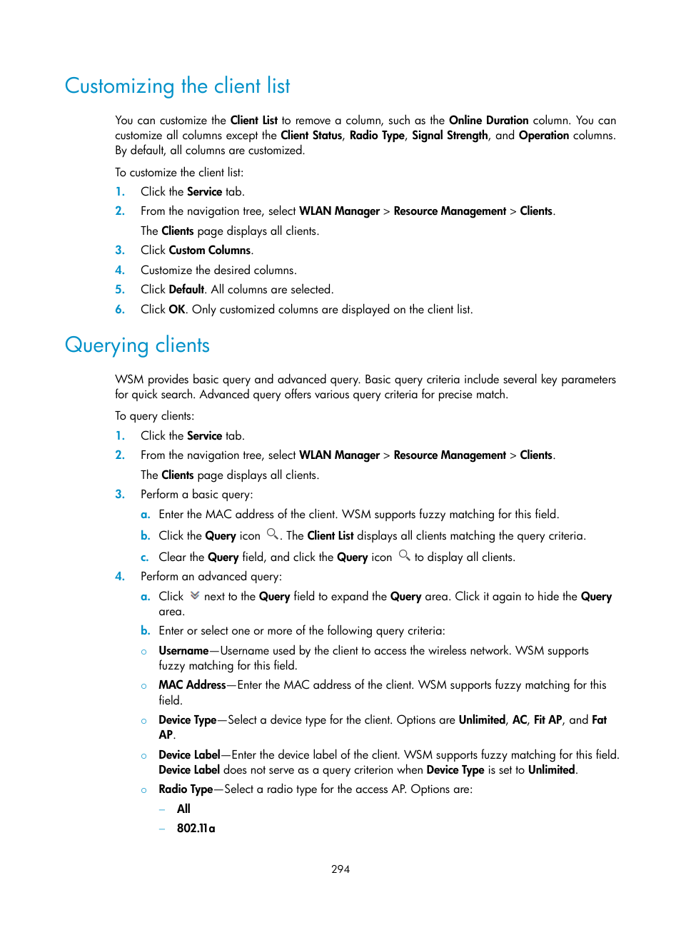 Customizing the client list, Querying clients | H3C Technologies H3C Intelligent Management Center User Manual | Page 316 / 751