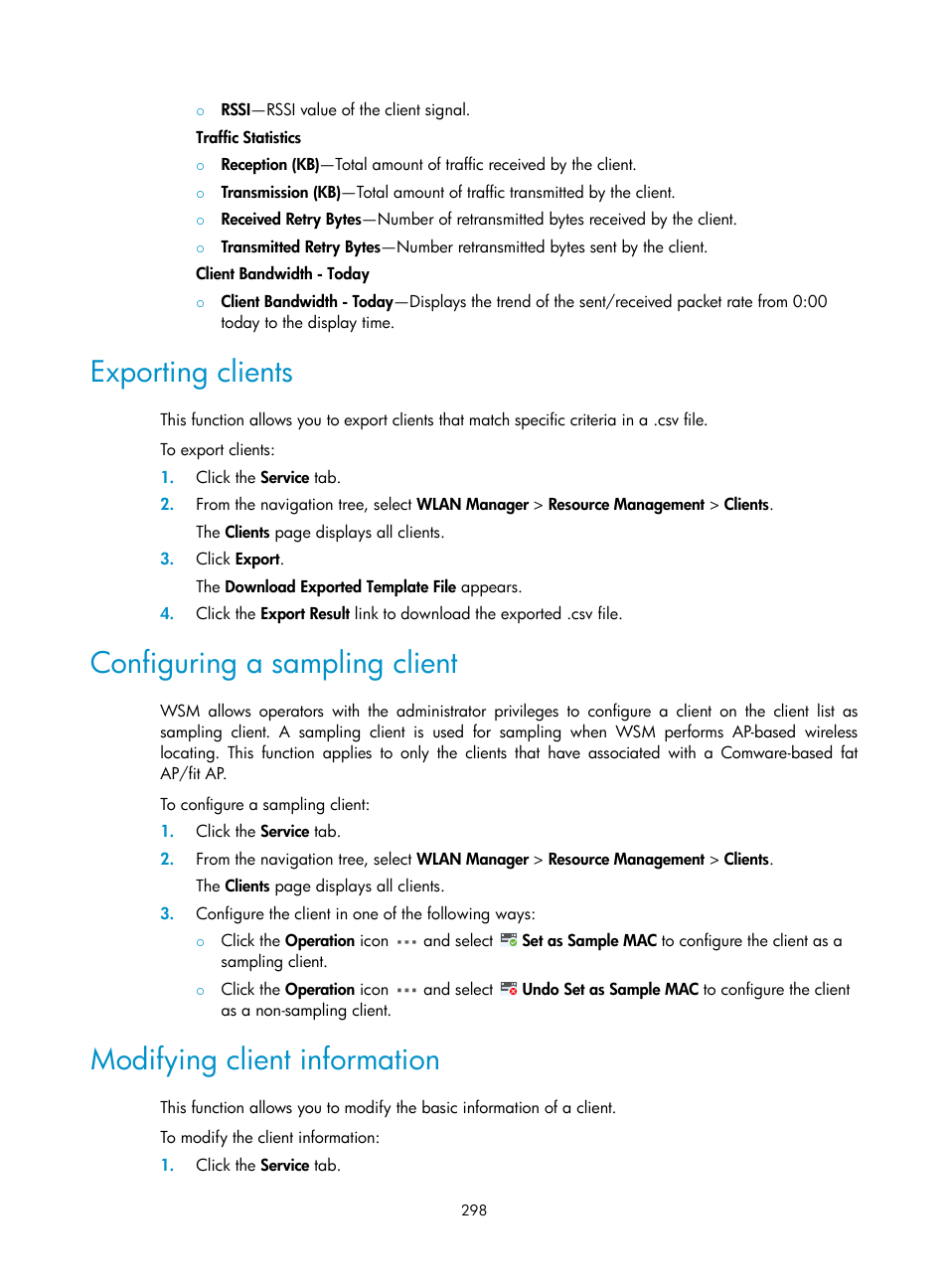 Exporting clients, Configuring a sampling client, Modifying client information | H3C Technologies H3C Intelligent Management Center User Manual | Page 320 / 751