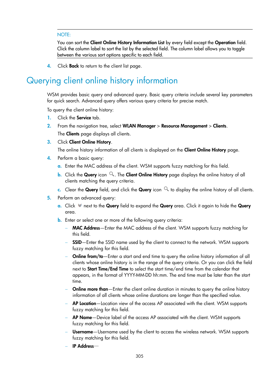 Querying client online history information | H3C Technologies H3C Intelligent Management Center User Manual | Page 327 / 751