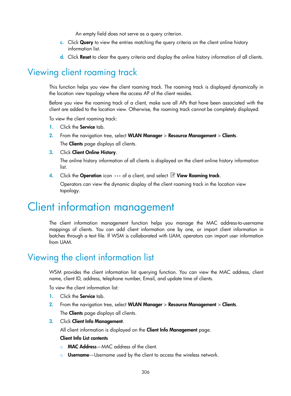 Viewing client roaming track, Client information management, Viewing the client information list | H3C Technologies H3C Intelligent Management Center User Manual | Page 328 / 751