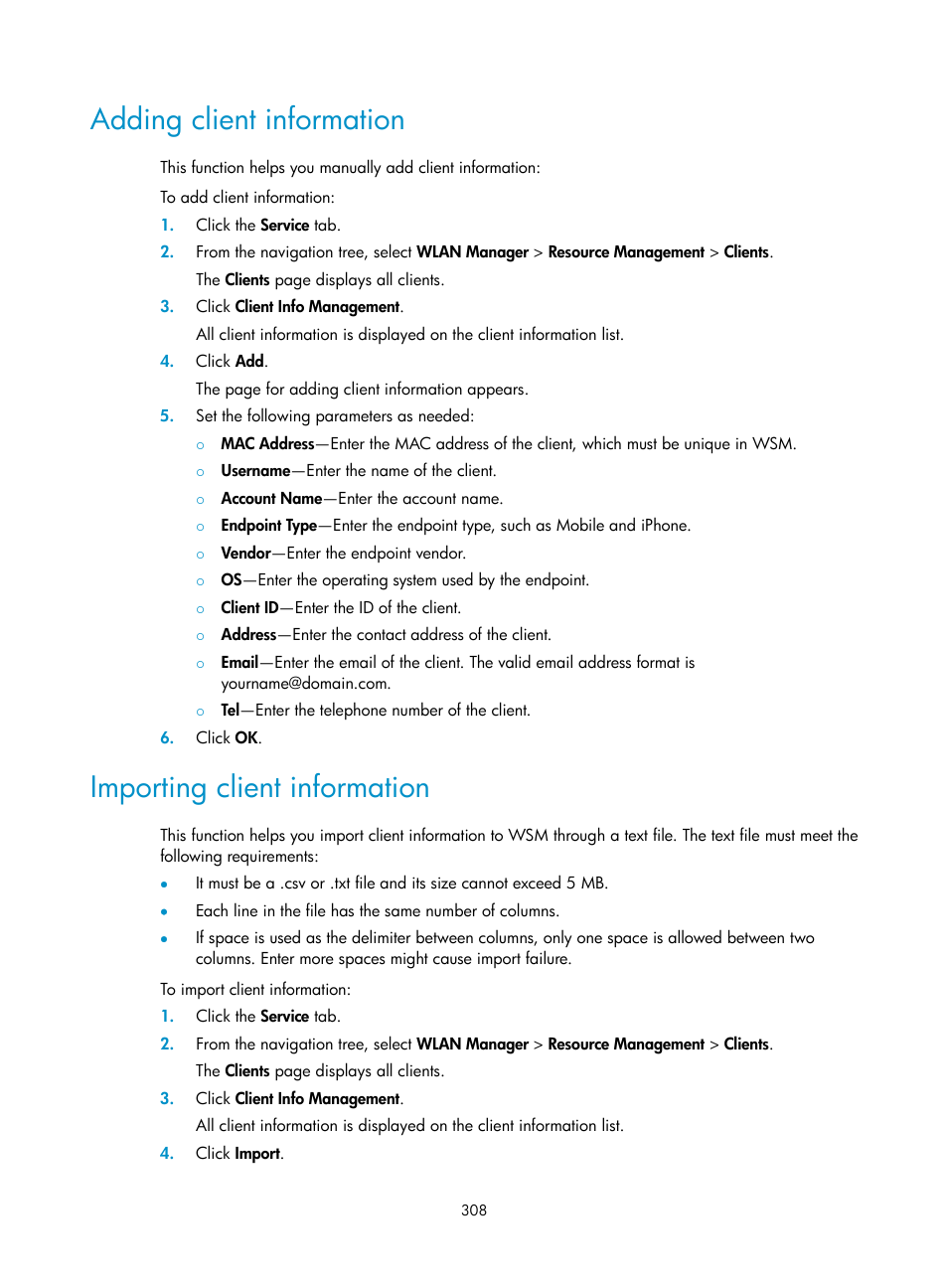 Adding client information, Importing client information | H3C Technologies H3C Intelligent Management Center User Manual | Page 330 / 751