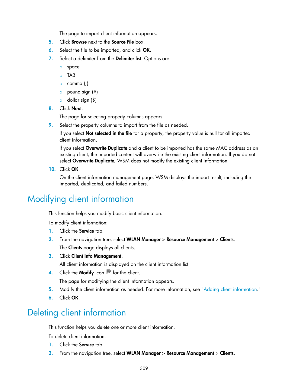 Modifying client information, Deleting client information | H3C Technologies H3C Intelligent Management Center User Manual | Page 331 / 751