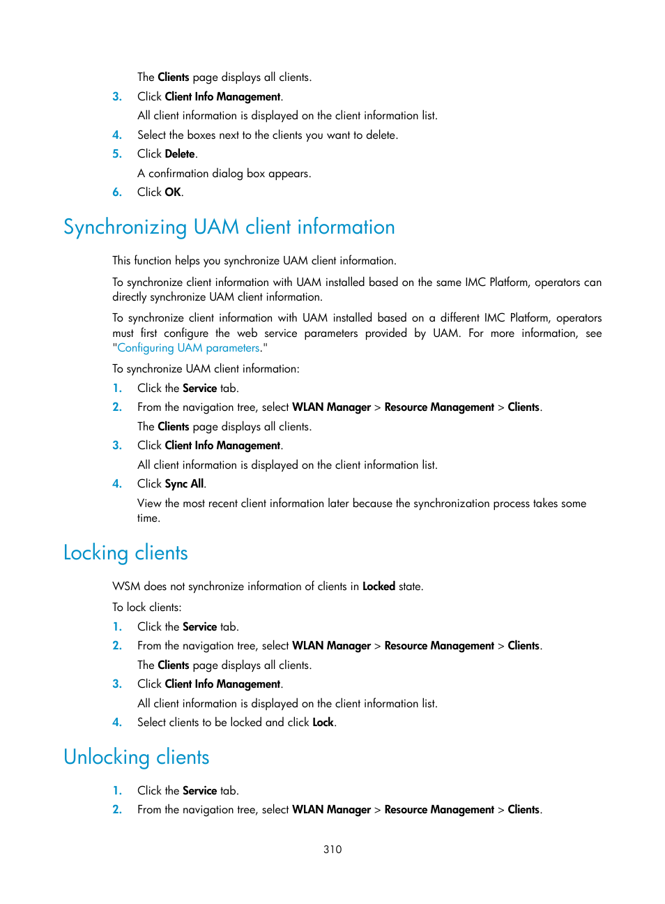 Synchronizing uam client information, Locking clients, Unlocking clients | H3C Technologies H3C Intelligent Management Center User Manual | Page 332 / 751