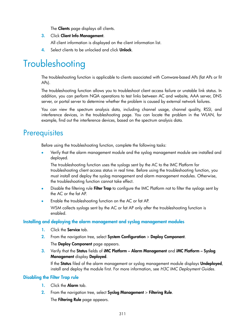 Troubleshooting, Prerequisites, Disabling the filter trap rule | H3C Technologies H3C Intelligent Management Center User Manual | Page 333 / 751