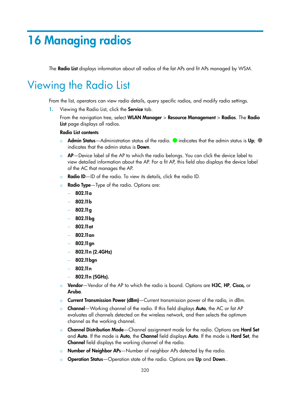 16 managing radios, Viewing the radio list | H3C Technologies H3C Intelligent Management Center User Manual | Page 342 / 751