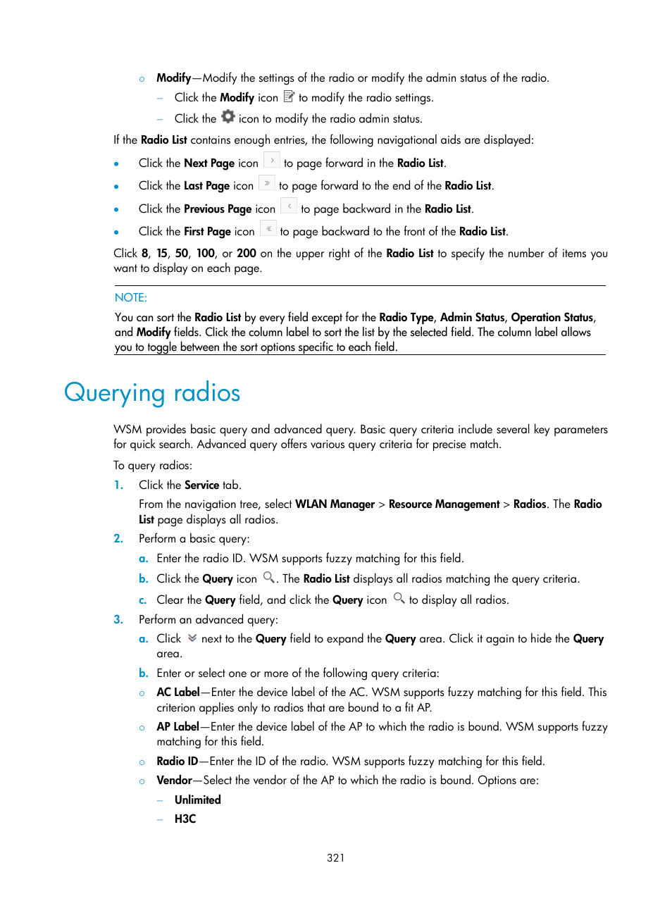 Querying radios | H3C Technologies H3C Intelligent Management Center User Manual | Page 343 / 751