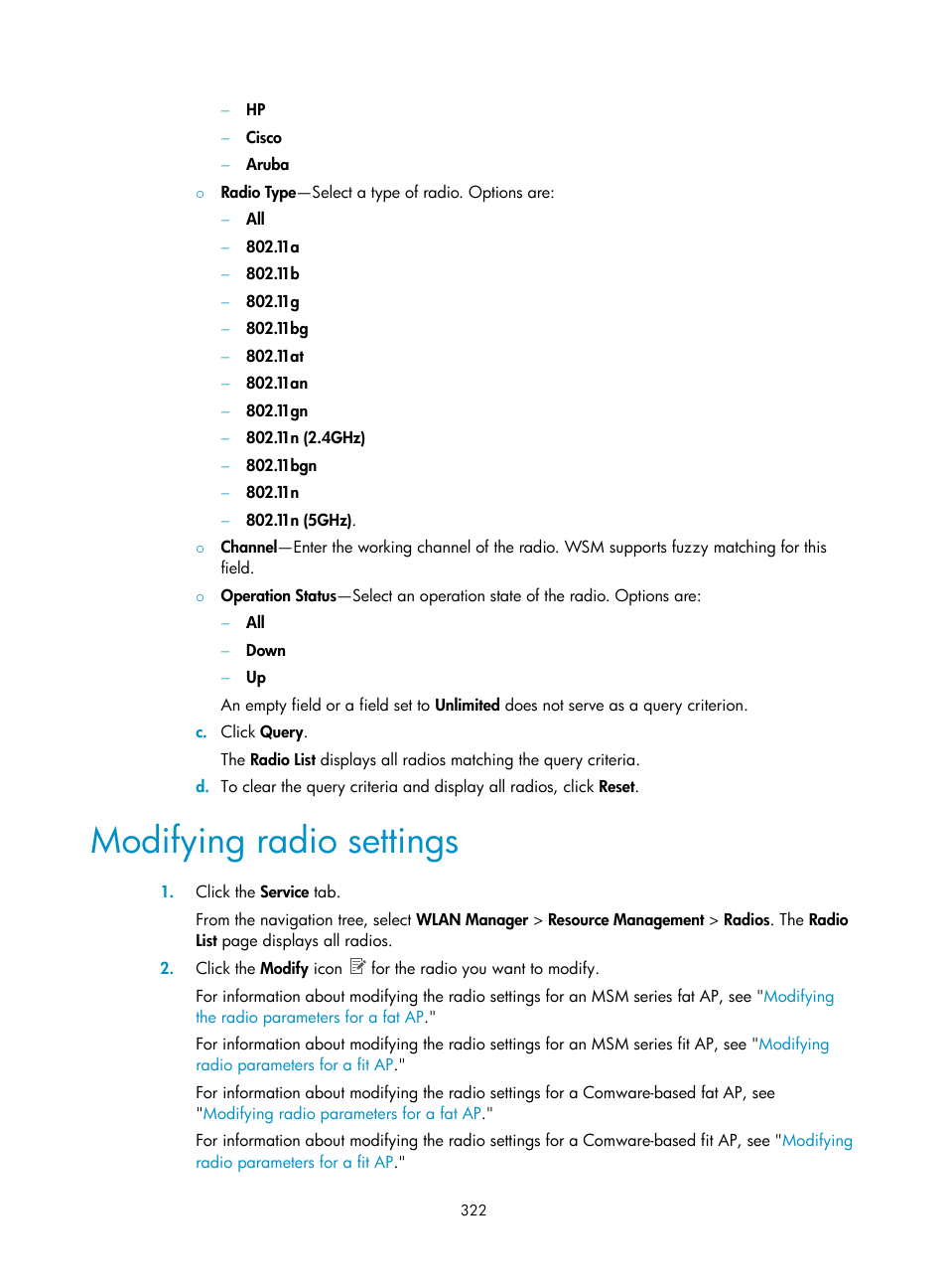 Modifying radio settings | H3C Technologies H3C Intelligent Management Center User Manual | Page 344 / 751