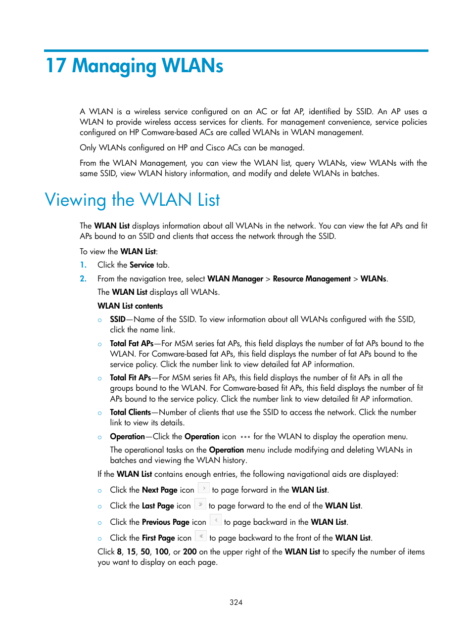 17 managing wlans, Viewing the wlan list | H3C Technologies H3C Intelligent Management Center User Manual | Page 346 / 751