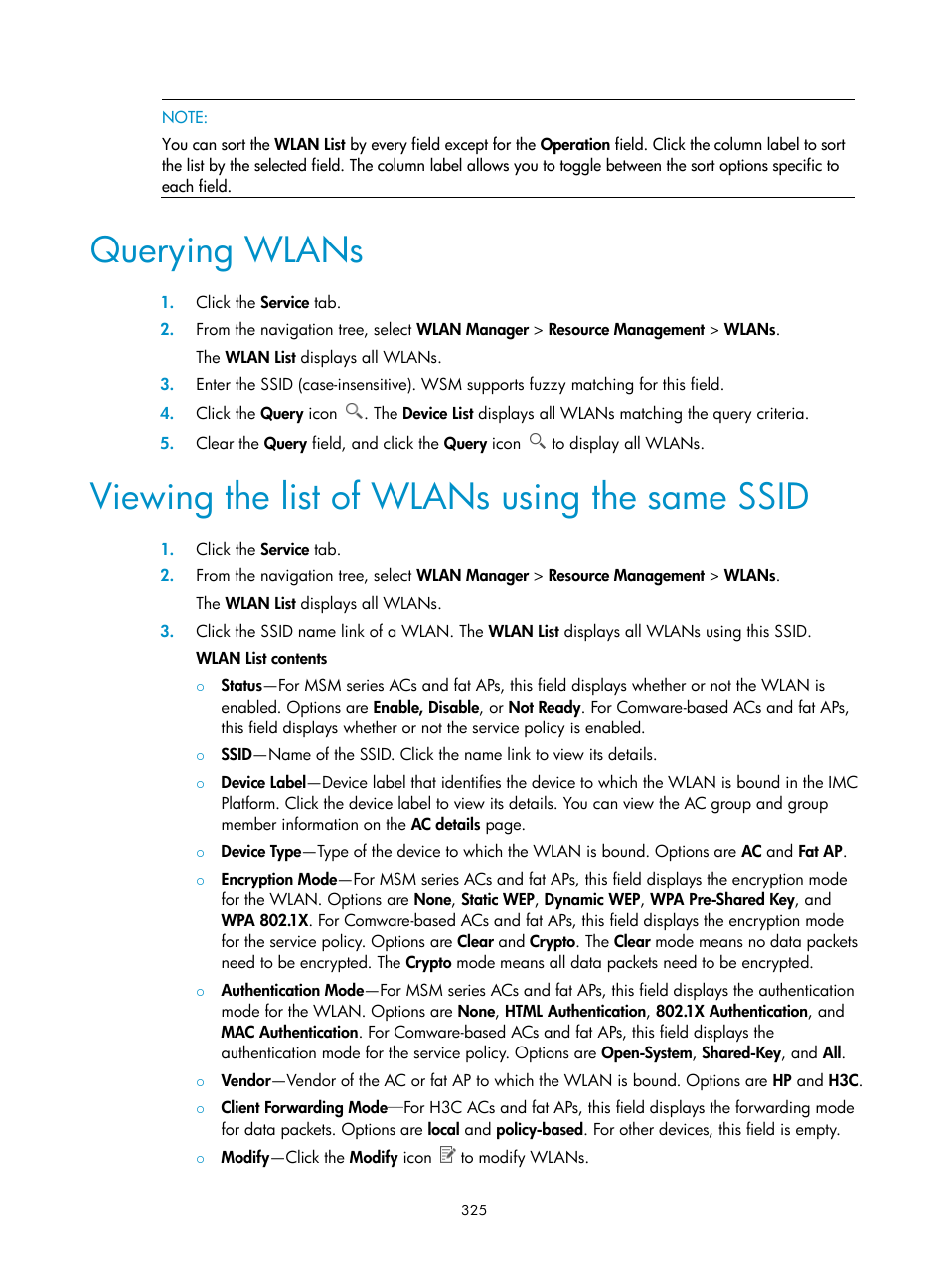 Querying wlans, Viewing the list of wlans using the same ssid | H3C Technologies H3C Intelligent Management Center User Manual | Page 347 / 751