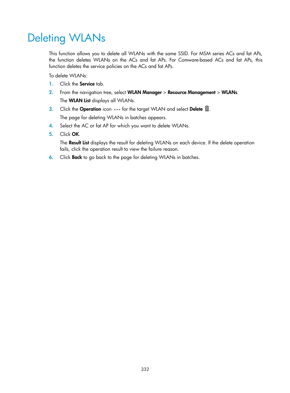 Deleting wlans | H3C Technologies H3C Intelligent Management Center User Manual | Page 354 / 751